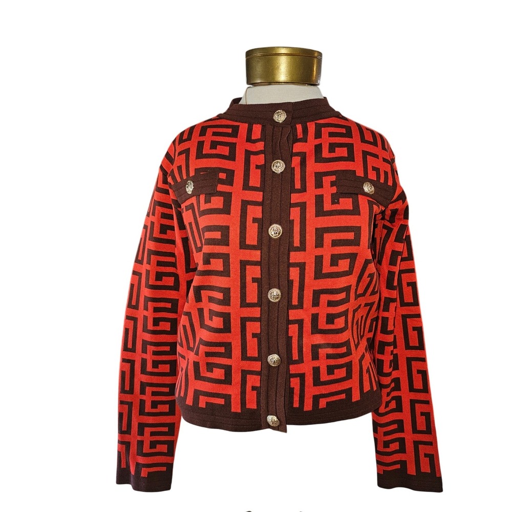 Orange Brown Designer Geometric Print Gold Button Front Cardigan Sweater Women M